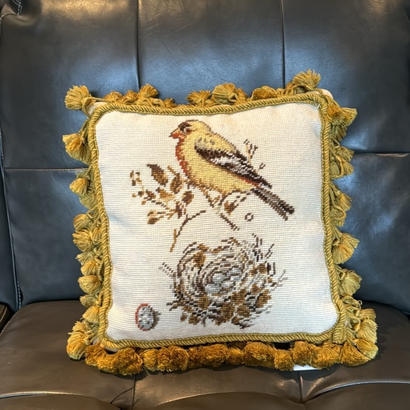 Wool Needle Point Pillow with Tassel Fringe-Song Bird with Nest-Beige/Tan - Picture 9 of 13